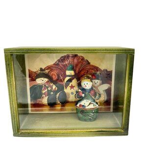 Handcrafted Green Wooden Shadow Box With Snowman Figurine & Festive Backdrop